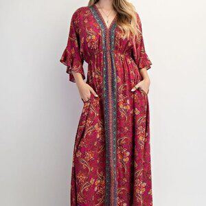NWT Easel Magenta Border Print Challis Maxi Dress – Wing Sleeve Boho V-Neck Dres
